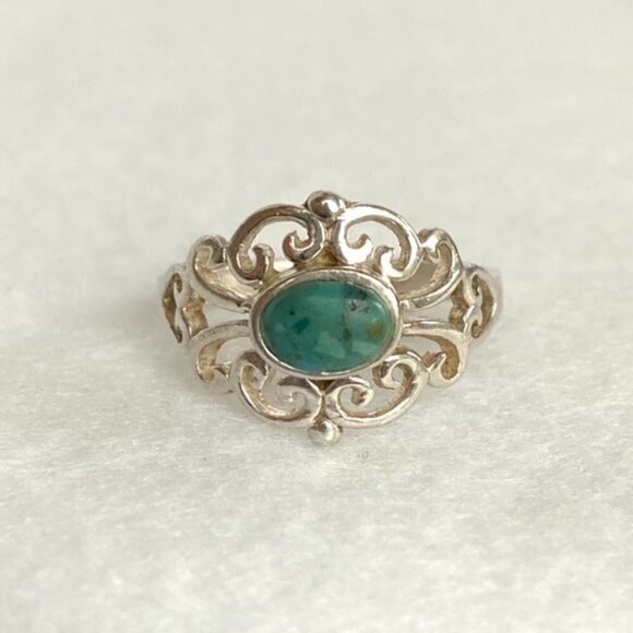 Sterling Silver 925 Cutout Scrollwork Oval Simulated Turquoise Ring Sz 7.25 - Picture 11 of 16